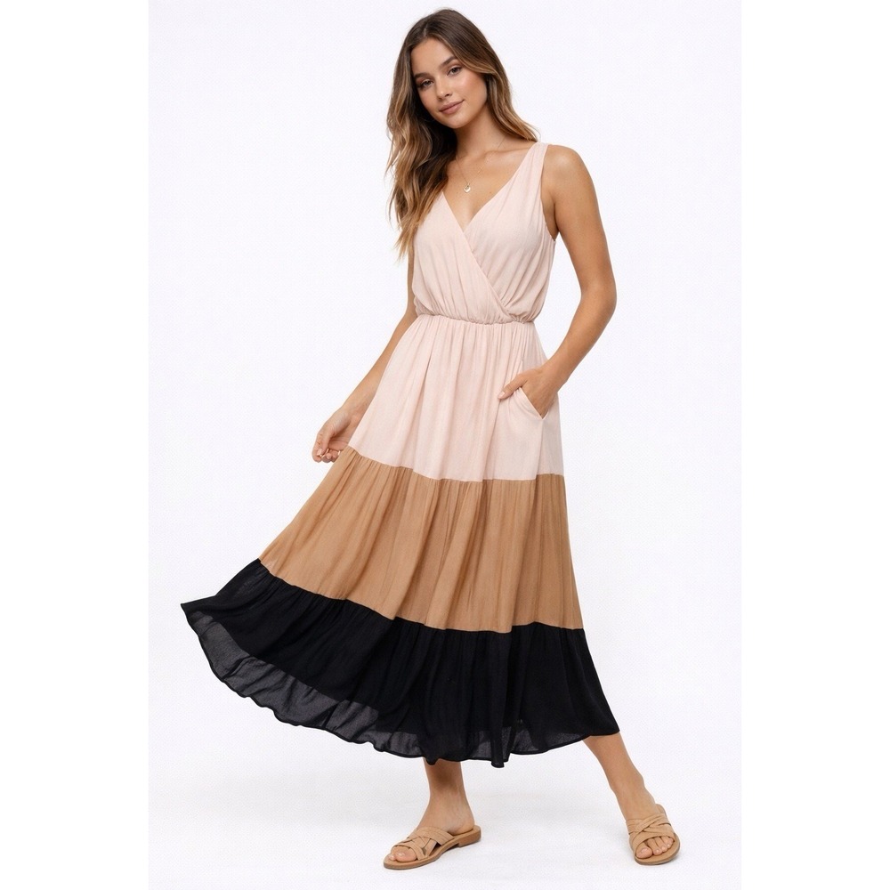 Accent Maxi Dress S/M‎ Colorblock Pink Tan Black Sleeveless Boho